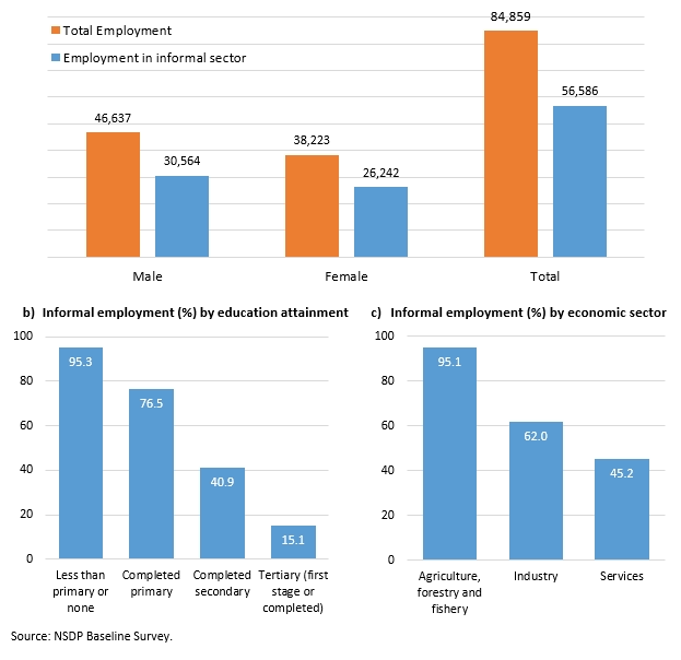 Figure 5. Informal employment by sex, educational attainment, and economic sector, Vanuatu, 2019